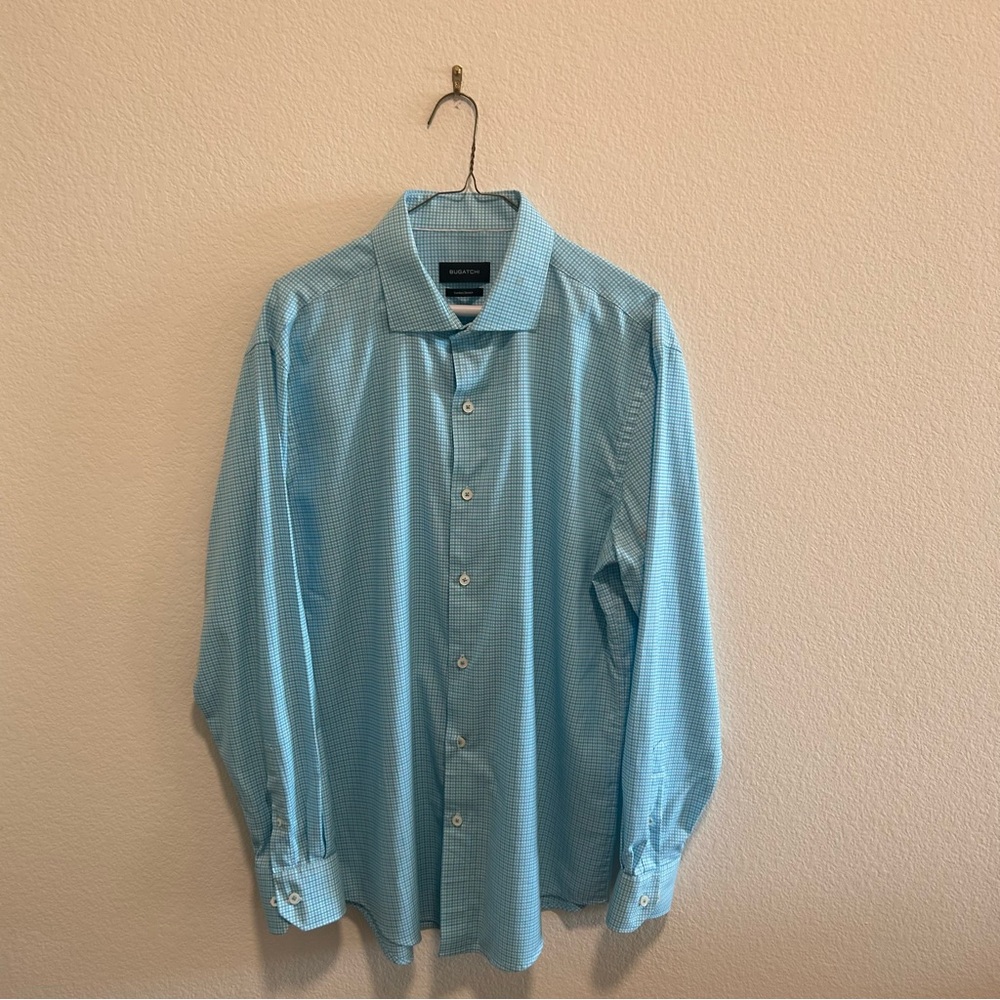 Bugatchi Light Blue Checkered Dress Shirt comfort stretch